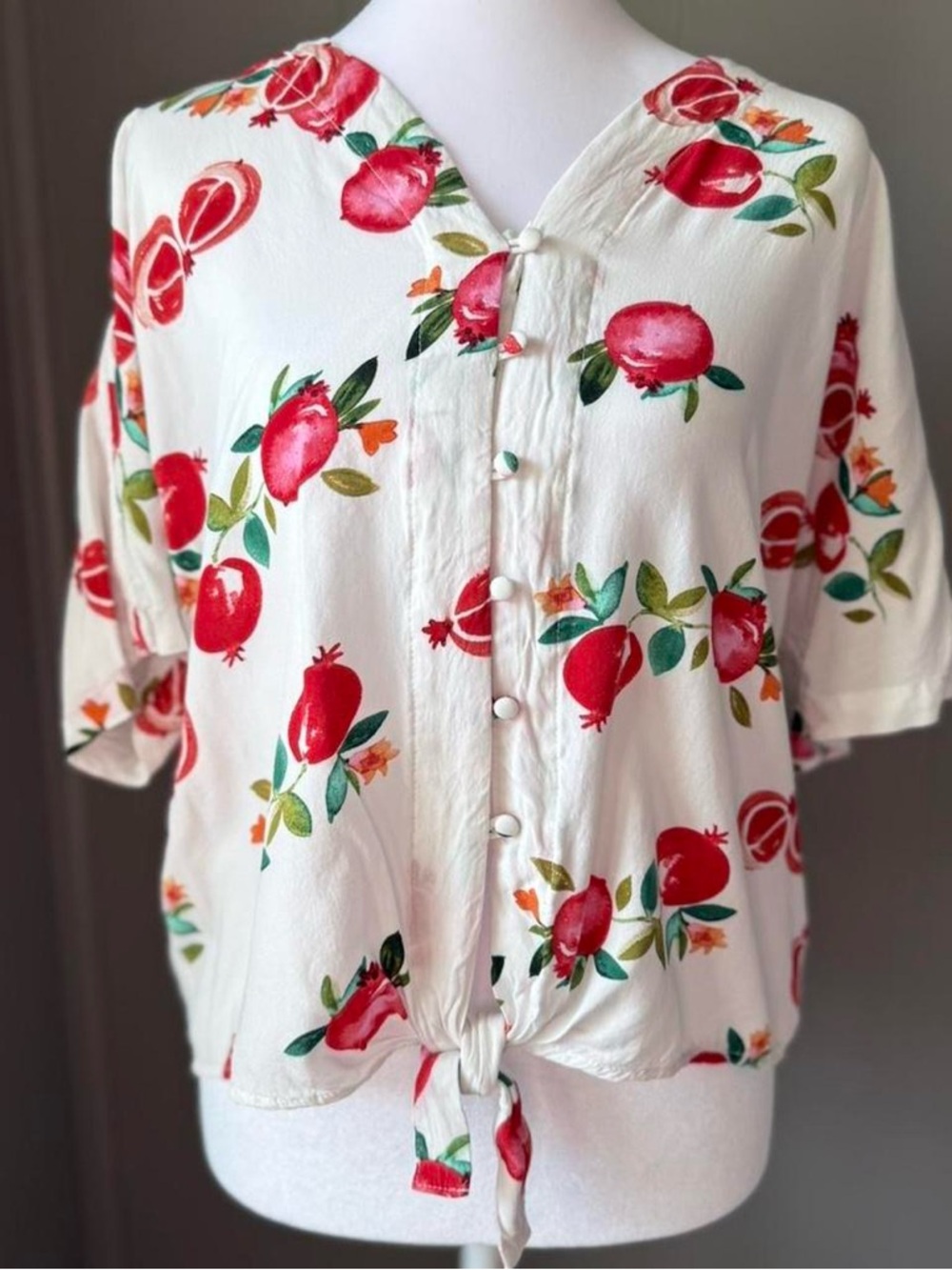 Velvet Heart White Tie-Front Button Blouse with Red Pomegranate Print